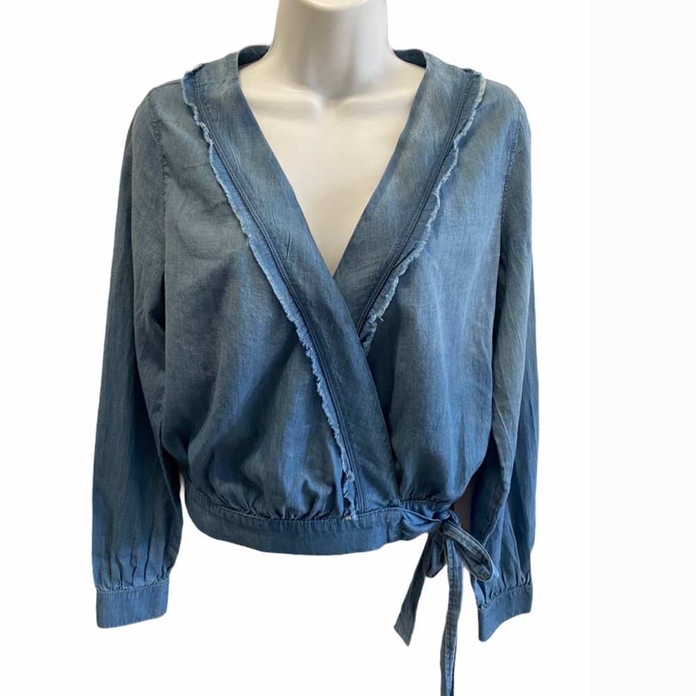Long Sleeve Wrap Top in Light Blue Wash